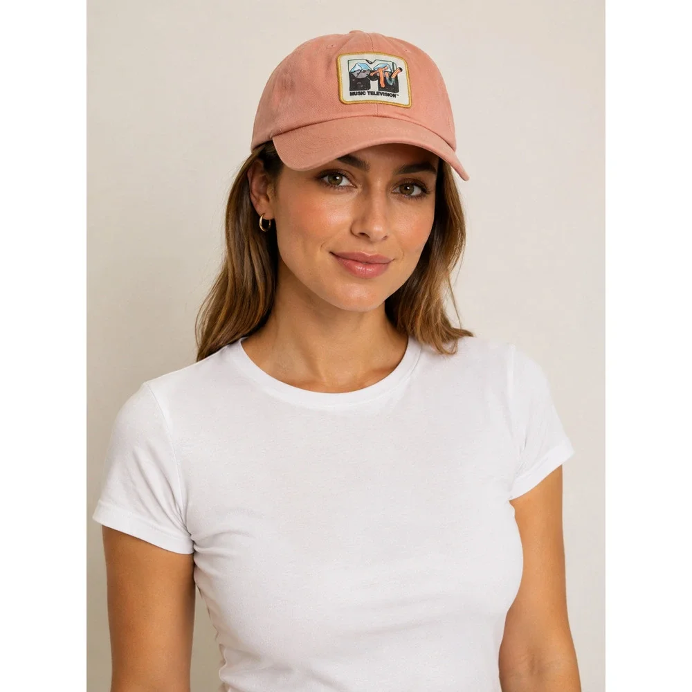NWT MTV Music Television Pink Adjustable Dad Hat Patch Cotton Strapback Cap
